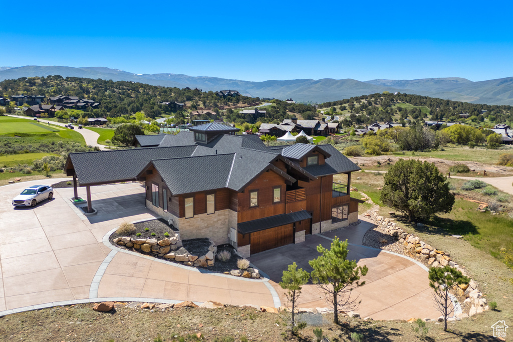 Aerial perspective of suburban area with mountains