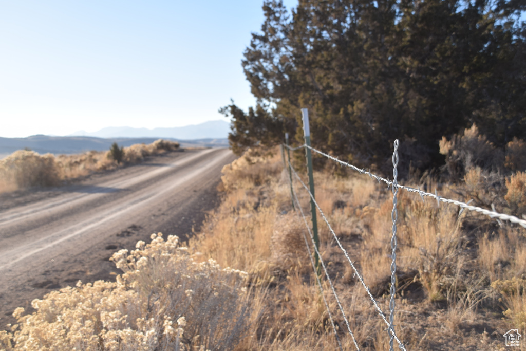 View of dirt / gravel road with a mountain view and a rural view