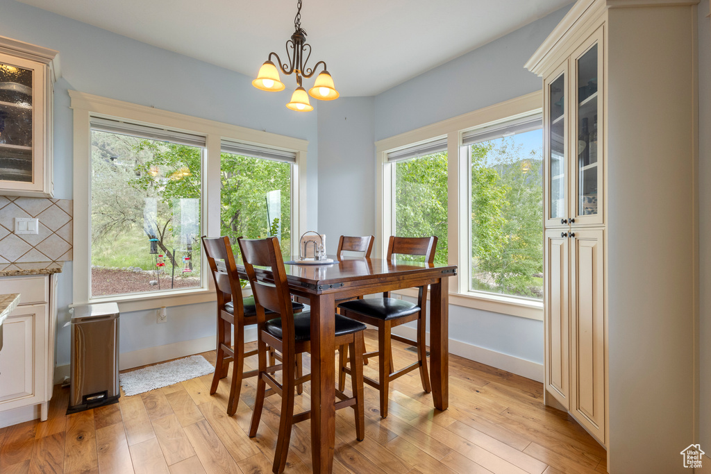Dining space with plenty of natural light, light wood finished floors, and baseboards