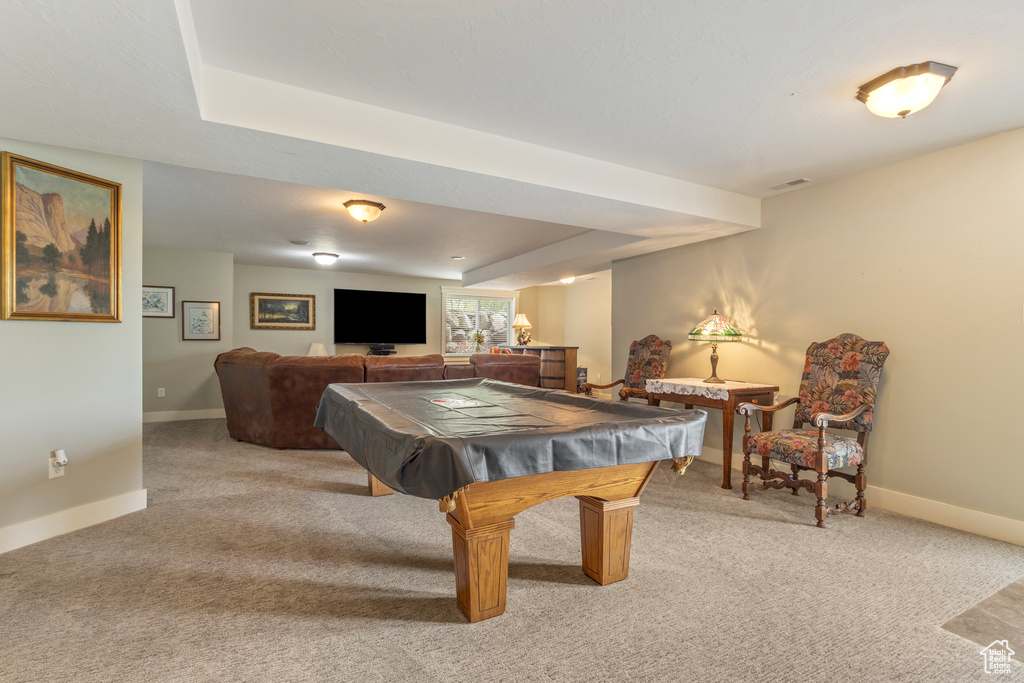 Rec room with light colored carpet, baseboards, and billiards table