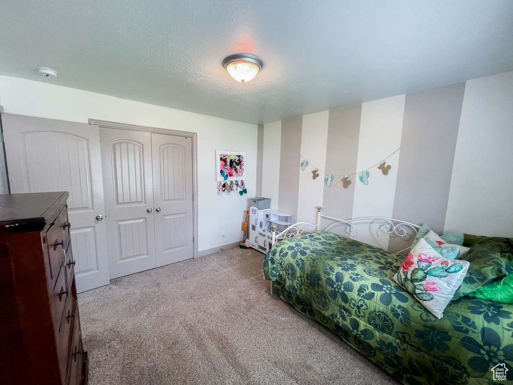 Carpeted bedroom with a closet and baseboards