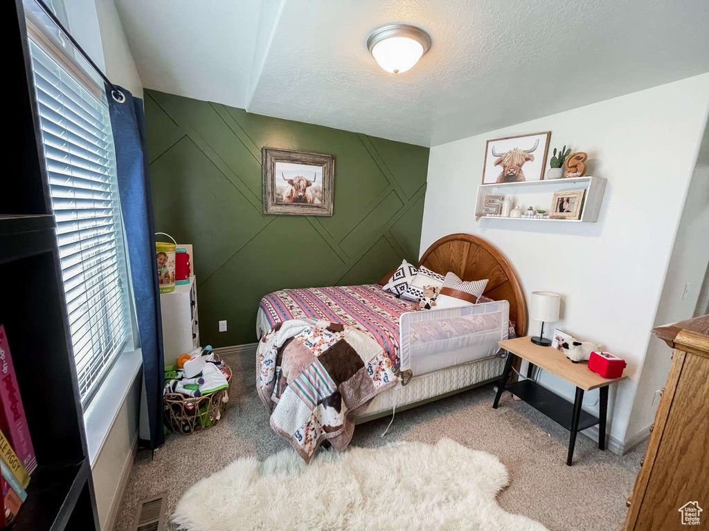 Bedroom featuring carpet flooring, a textured ceiling, and baseboards