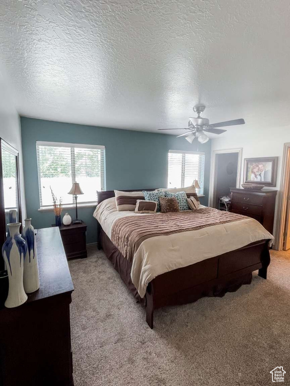 Bedroom with multiple windows, light carpet, a ceiling fan, and a textured ceiling
