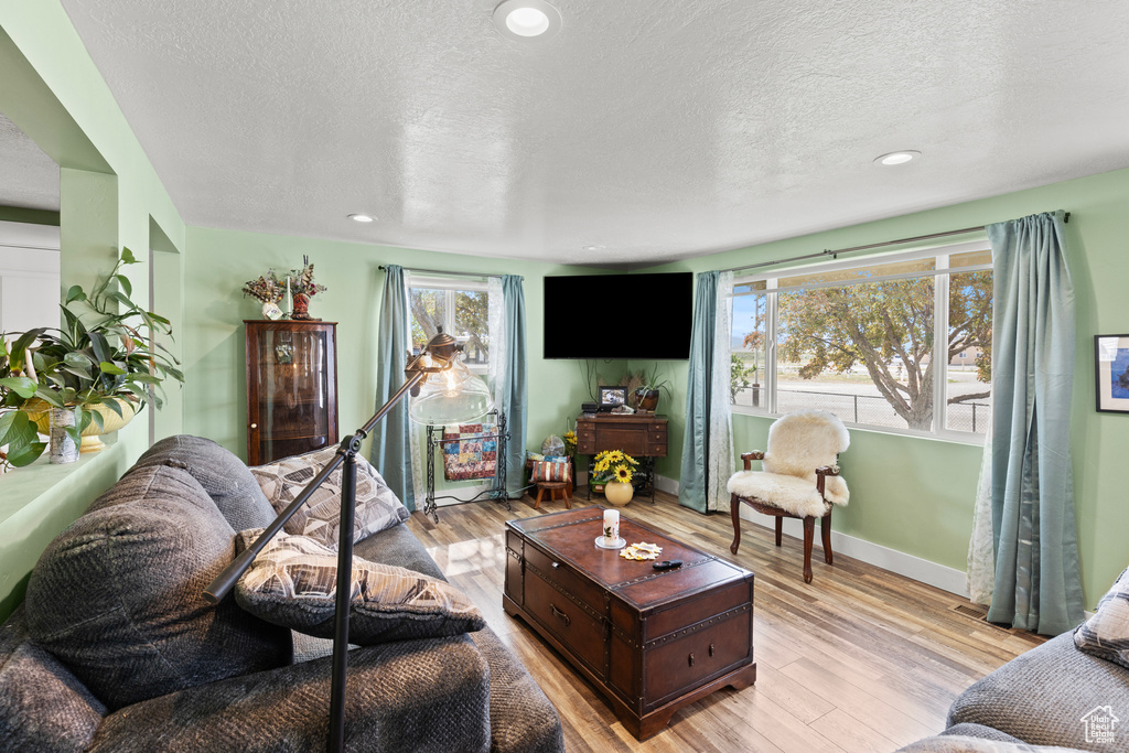 Living area featuring light wood-type flooring, a textured ceiling, baseboards, and recessed lighting