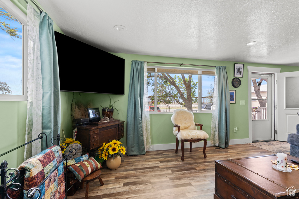 Living area with light wood-type flooring, a textured ceiling, and baseboards