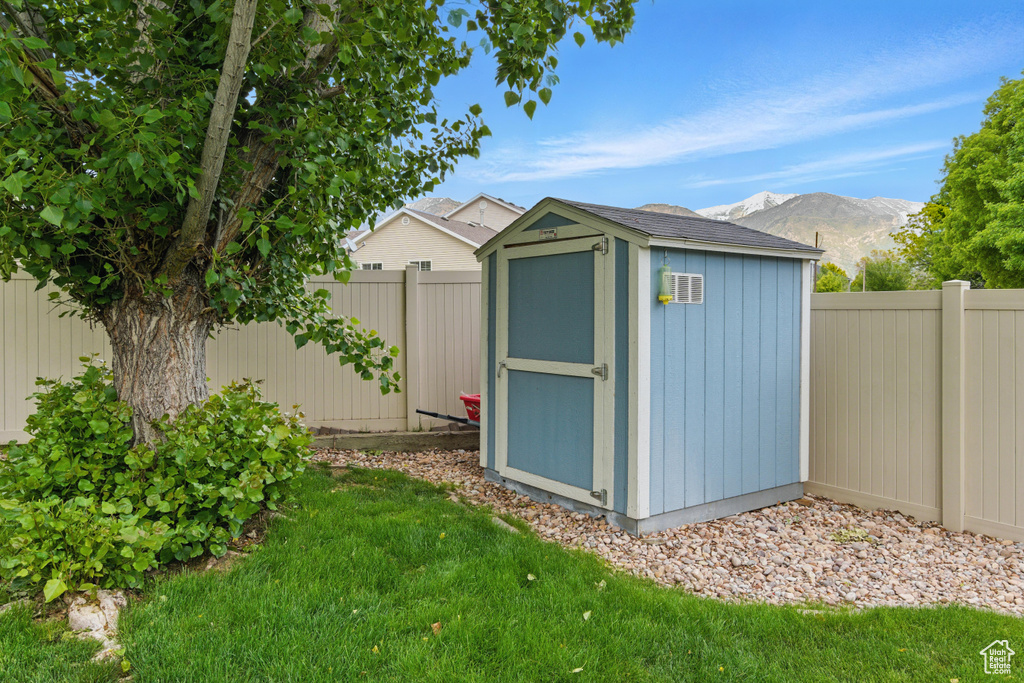 View of shed featuring a mountain view