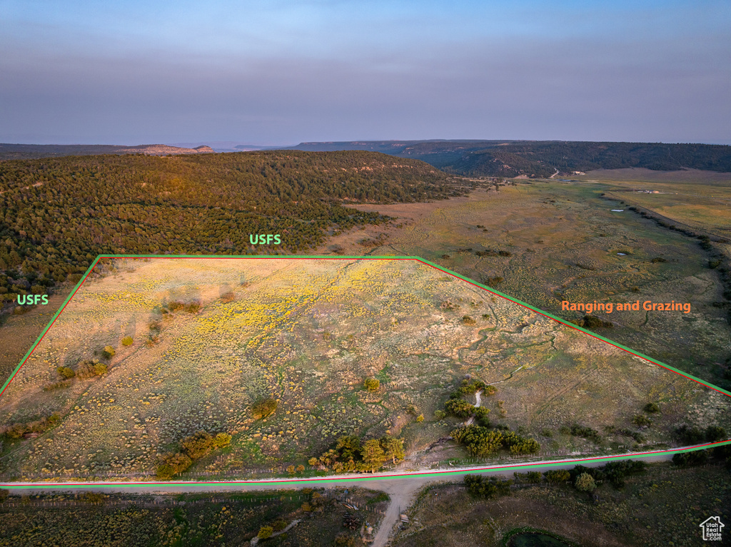 Aerial overview of property's location featuring property parcel outlined
