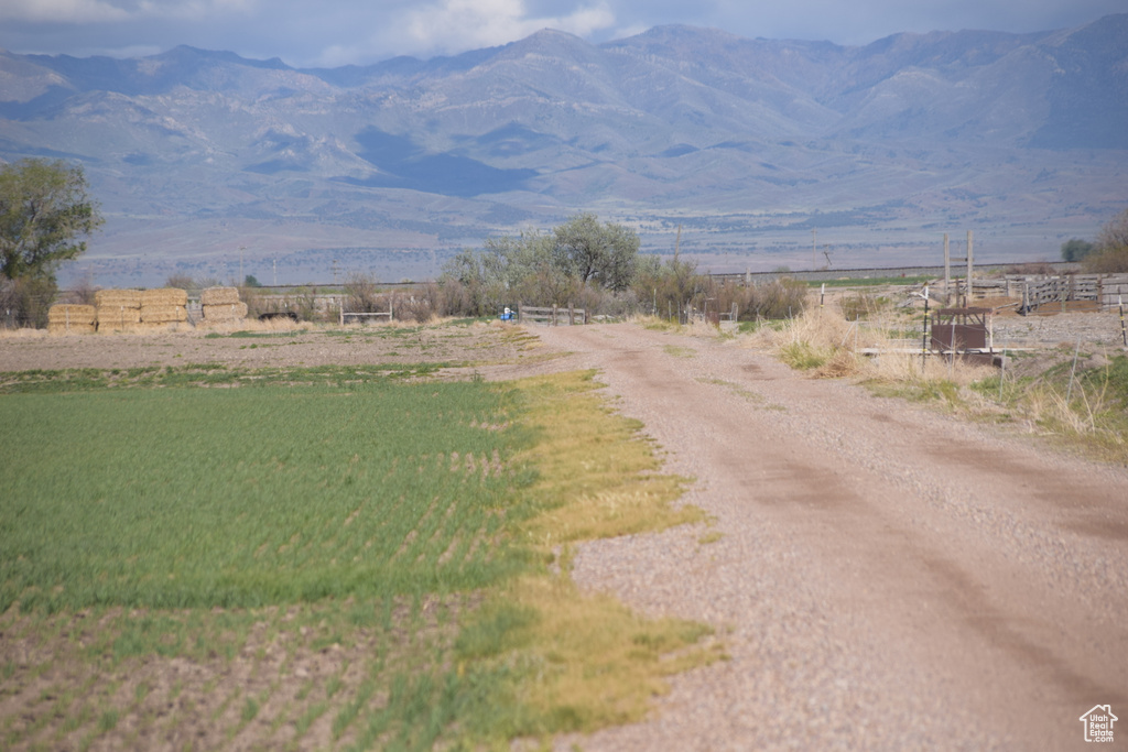 View of dirt / gravel road featuring a rural view and a mountain view