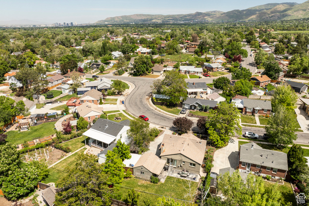 Aerial perspective of suburban area featuring mountains