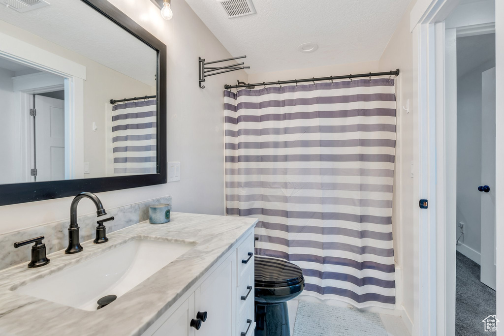 Full bathroom with toilet, vanity, and a shower with curtain