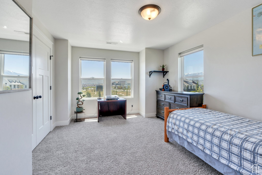 Carpeted bedroom featuring multiple windows and baseboards