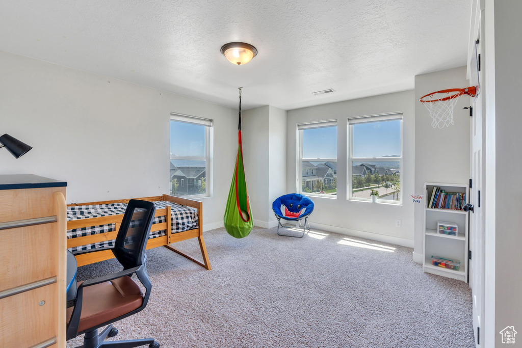 Carpeted office featuring a textured ceiling and baseboards
