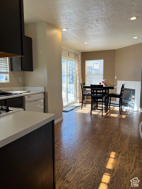 Kitchen with dishwasher, wood finished floors, a textured ceiling, light countertops, and recessed lighting