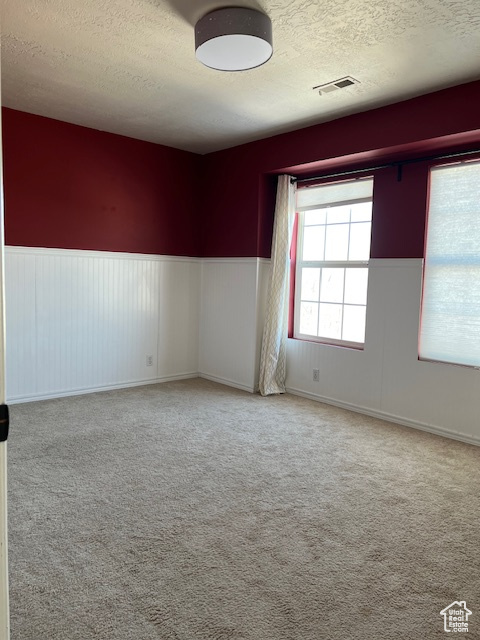 Carpeted empty room featuring a textured ceiling and a wainscoted wall