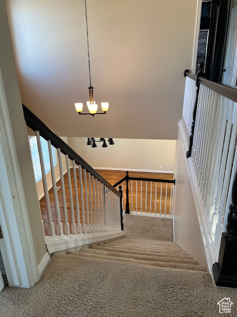 Stairs with carpet and a chandelier
