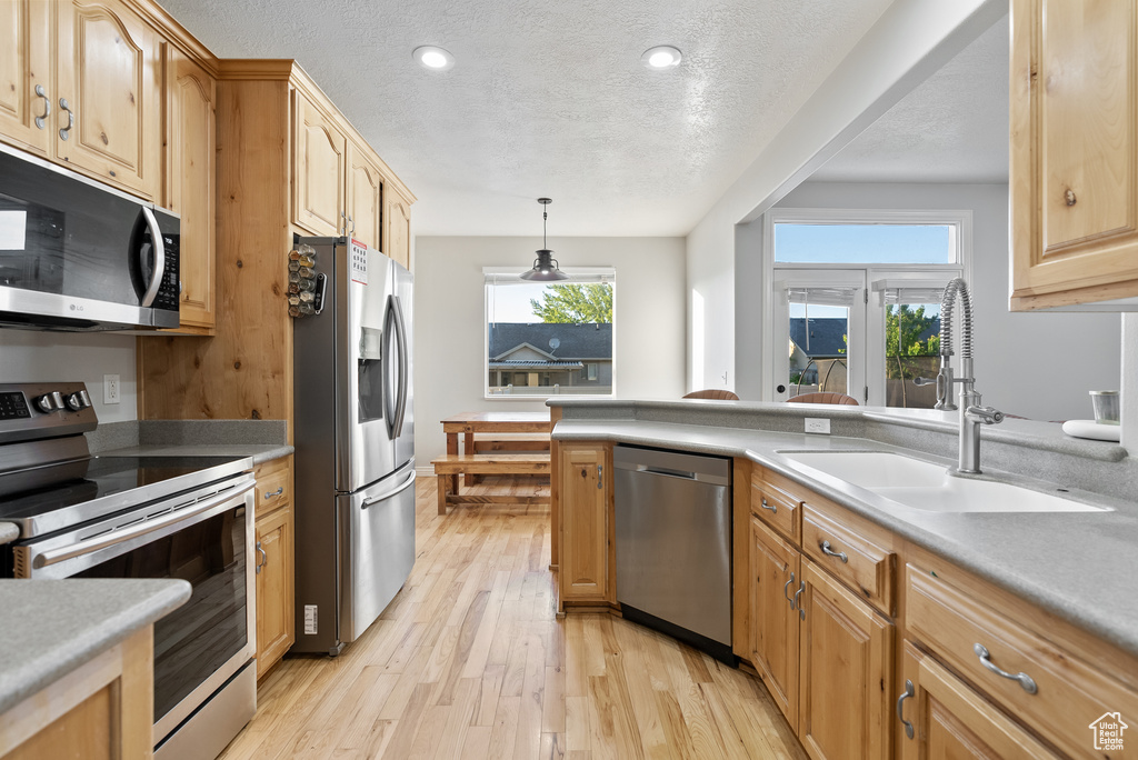Kitchen featuring stainless steel appliances, a sink, light wood-style floors, healthy amount of natural light, and a textured ceiling