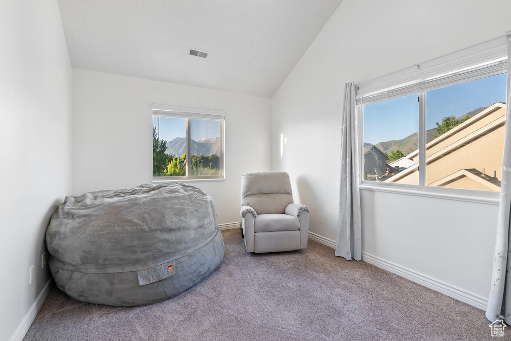 Living area with lofted ceiling, carpet flooring, and baseboards