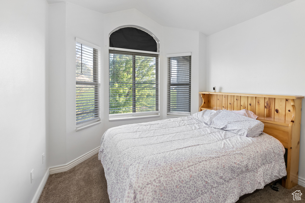 Bedroom featuring carpet floors, baseboards, and lofted ceiling