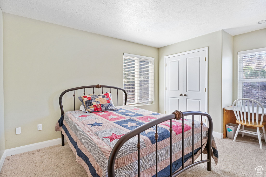 Carpeted bedroom with multiple windows, baseboards, a closet, and a textured ceiling