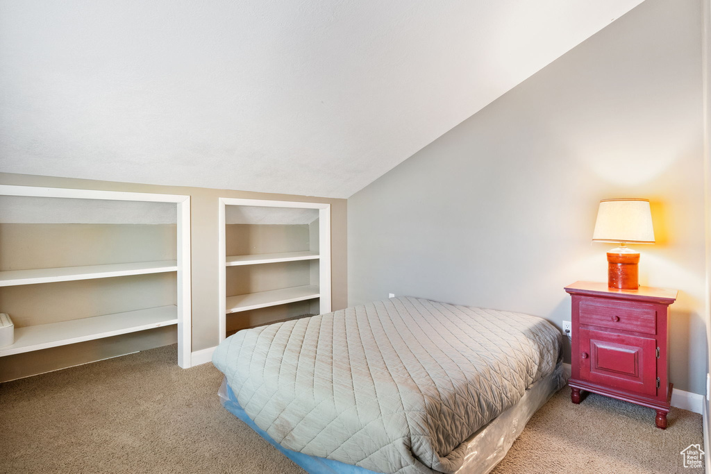 Carpeted bedroom with baseboards, multiple closets, and vaulted ceiling