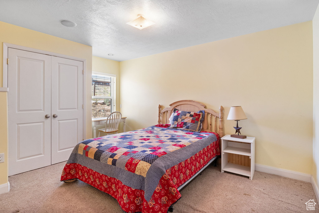 Bedroom featuring carpet floors, a closet, baseboards, and a textured ceiling
