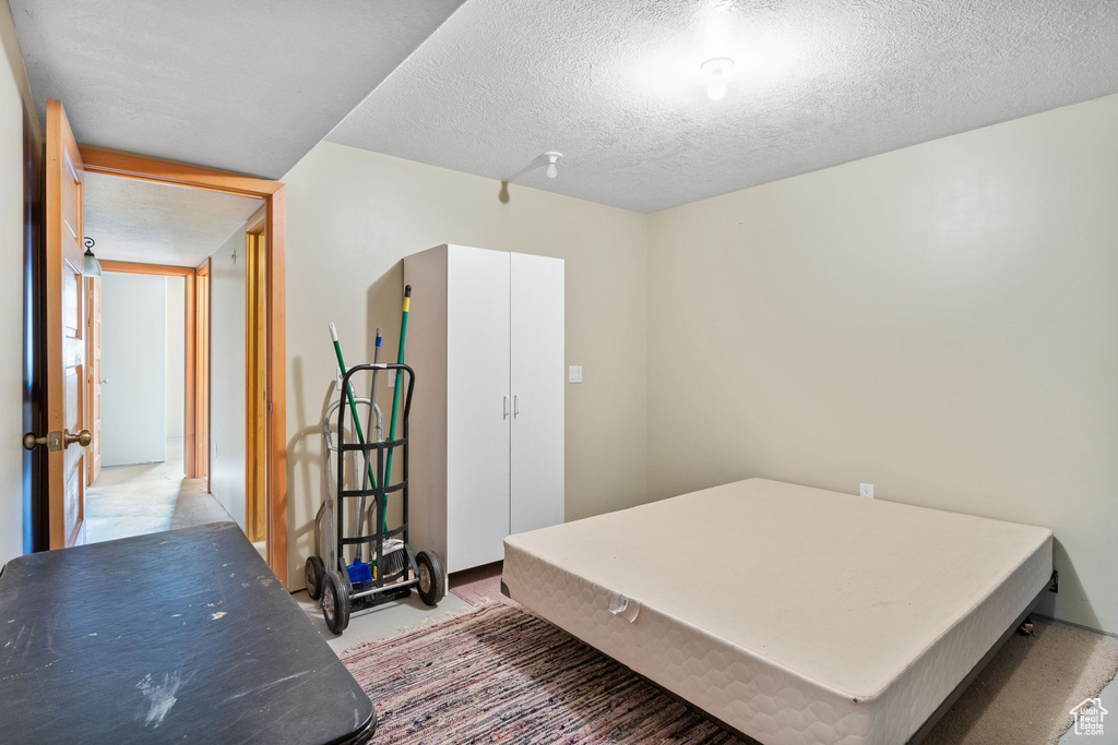 Bedroom with a textured ceiling