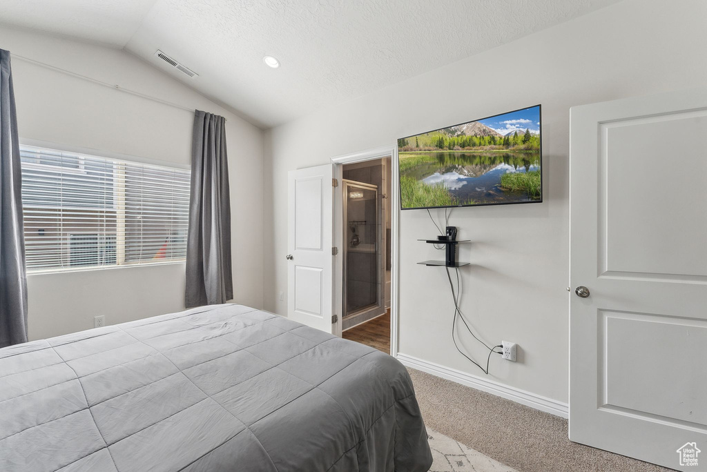 Carpeted bedroom with lofted ceiling, baseboards, and a textured ceiling