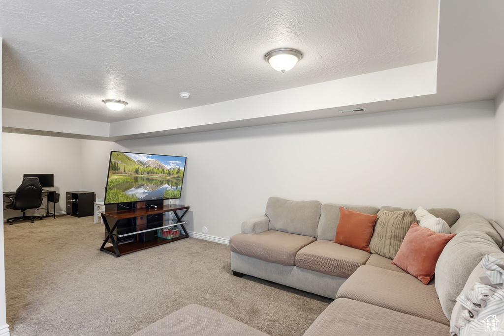 Living room with carpet, an office area, a textured ceiling, and baseboards