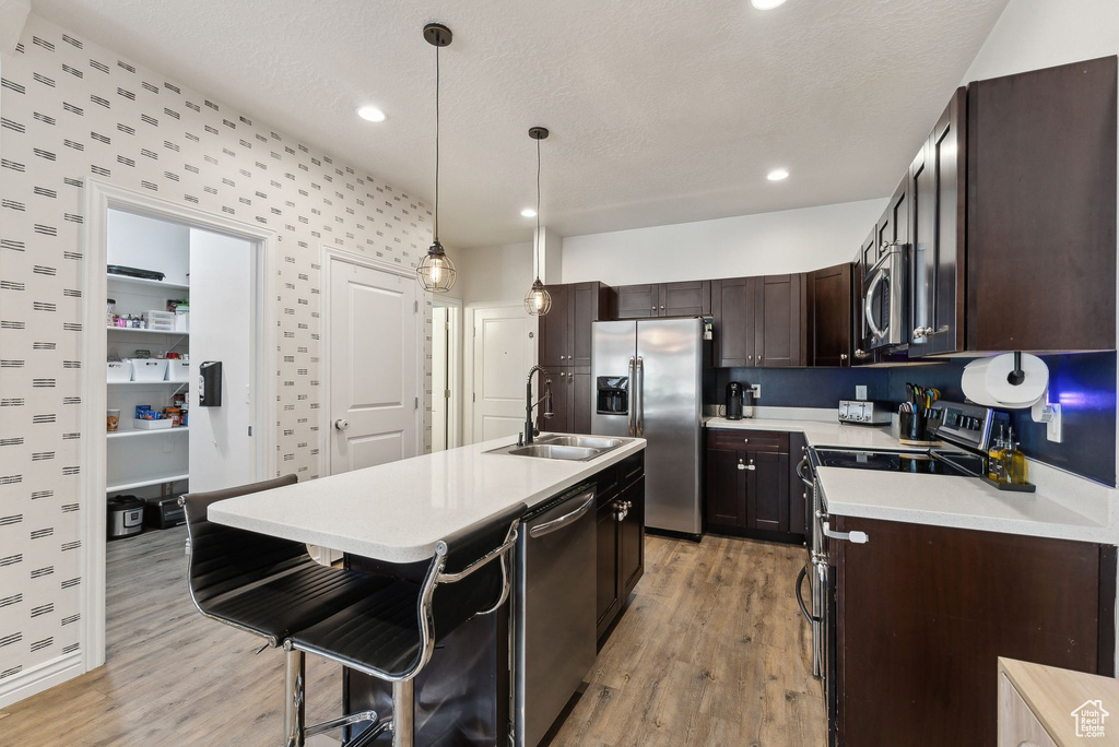 Kitchen featuring stainless steel appliances, a sink, light wood-style flooring, light countertops, and dark brown cabinetry