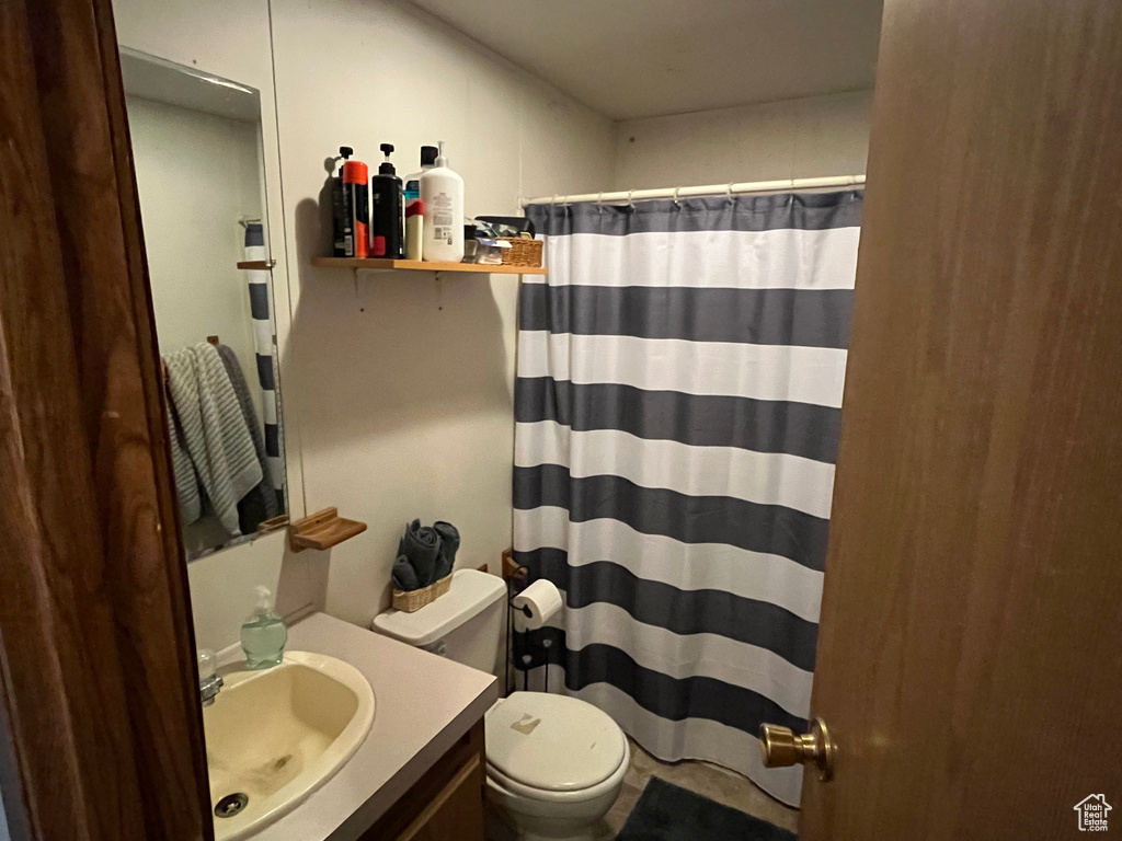 Bathroom with toilet, vanity, and a shower with curtain