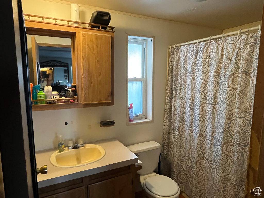 Full bath featuring toilet, vanity, and a shower with shower curtain