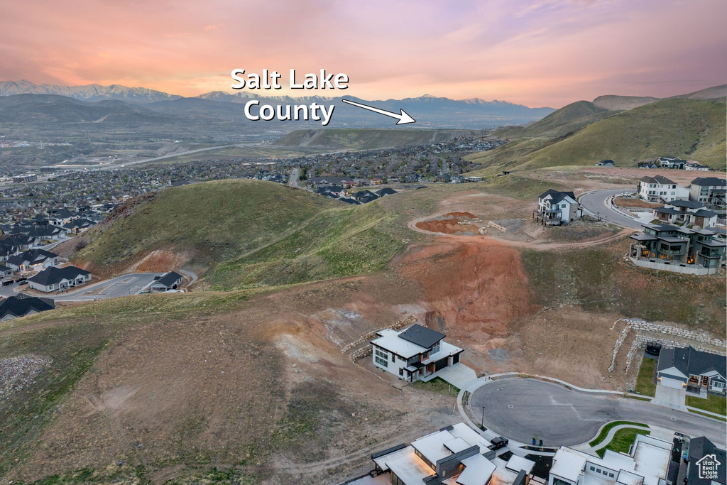 Aerial view at dusk of a mountain view