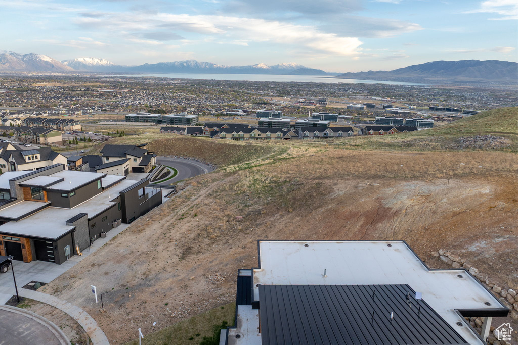 Aerial view of residential area with a mountain backdrop