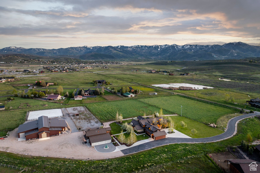 Aerial view at dusk of a rural view and a mountain view