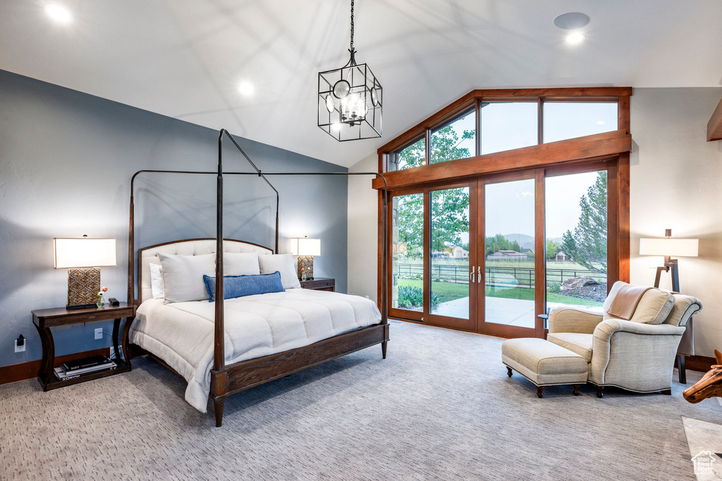Bedroom with access to exterior, carpet, a chandelier, recessed lighting, and baseboards