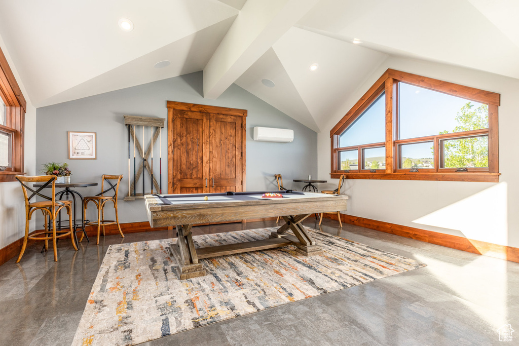 Game room with baseboards, healthy amount of natural light, lofted ceiling, and recessed lighting
