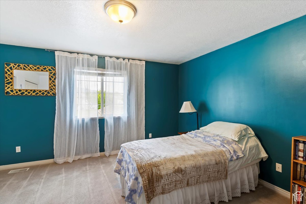 Bedroom featuring a textured ceiling, baseboards, and carpet