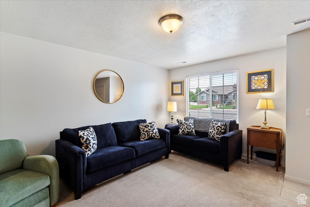Living room featuring light carpet, a textured ceiling, and baseboards