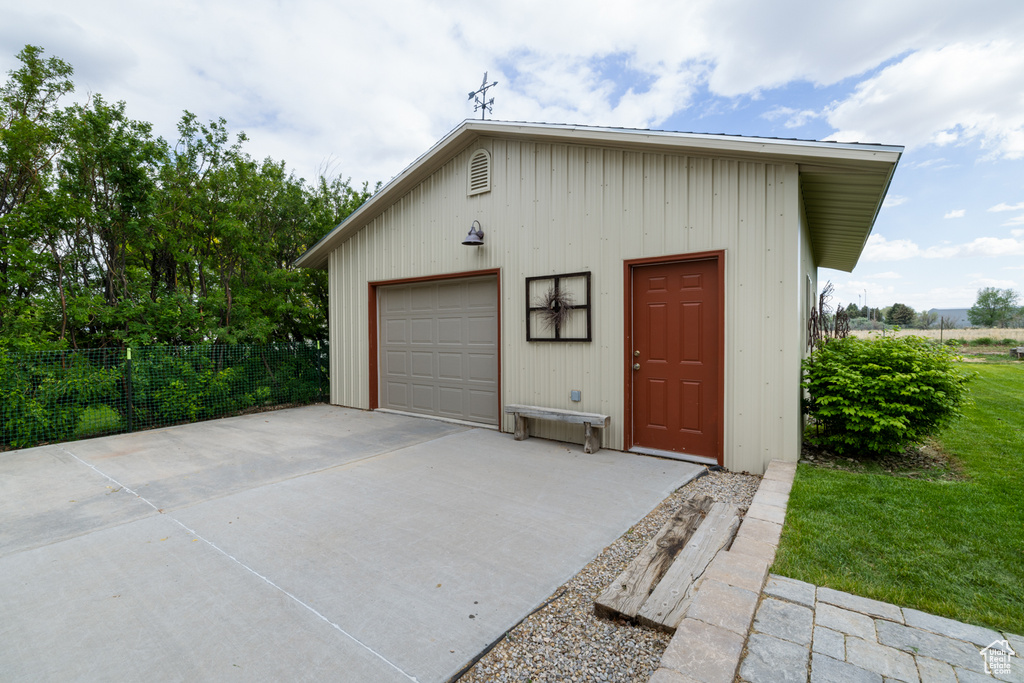 View of detached garage