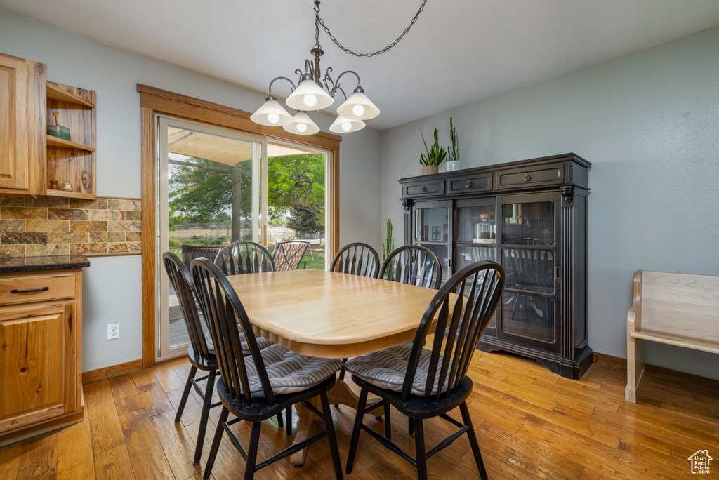 Dining area featuring a chandelier, light wood-type flooring, and baseboards