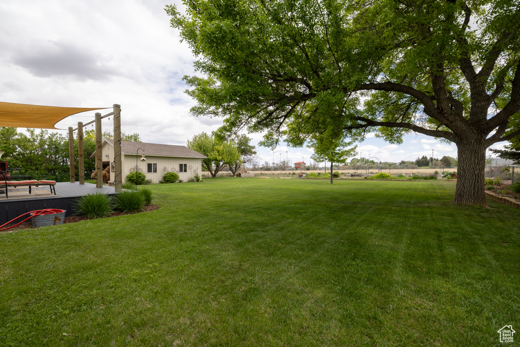 View of green lawn with a wooden deck