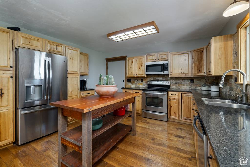 Kitchen featuring appliances with stainless steel finishes, a sink, backsplash, and dark wood-style floors