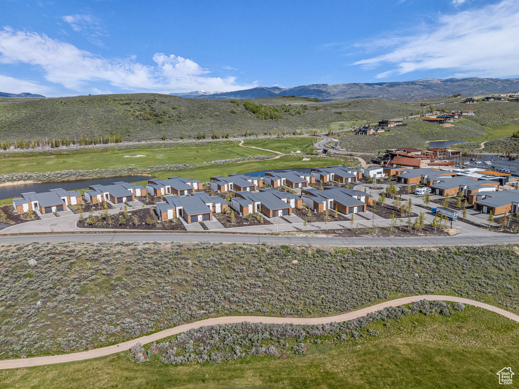 Aerial view of residential area with mountains