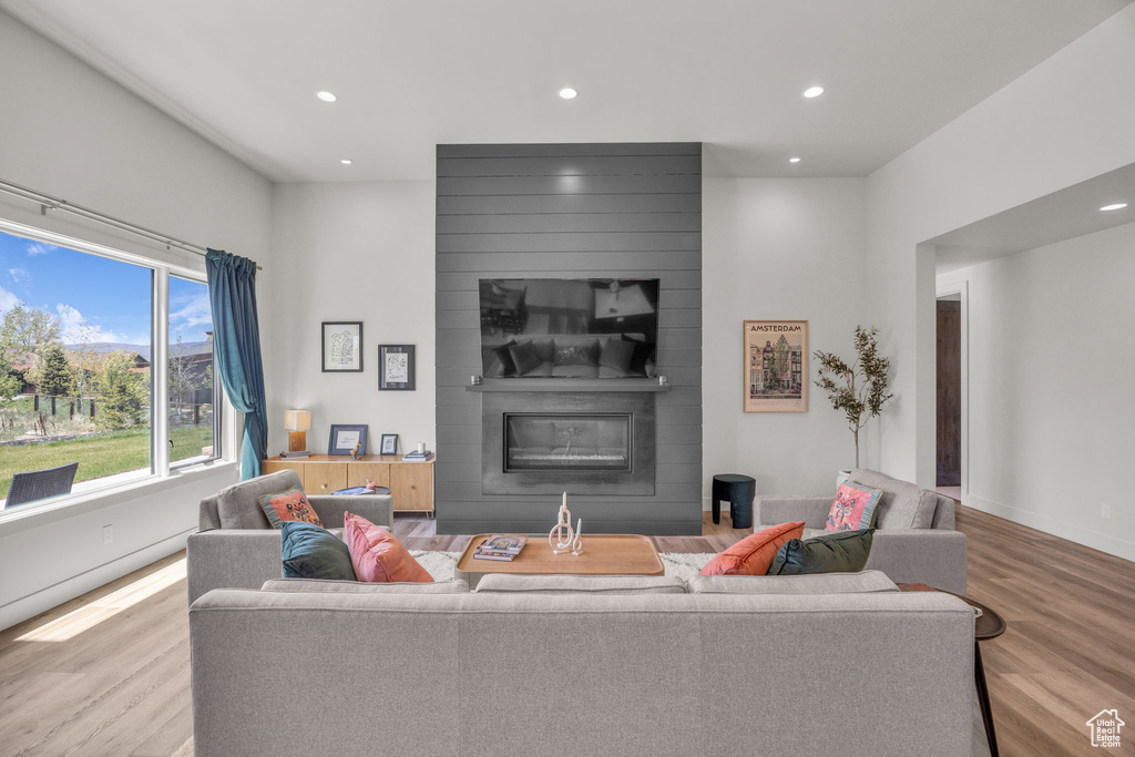 Living area featuring wood finished floors, recessed lighting, a fireplace, and baseboards