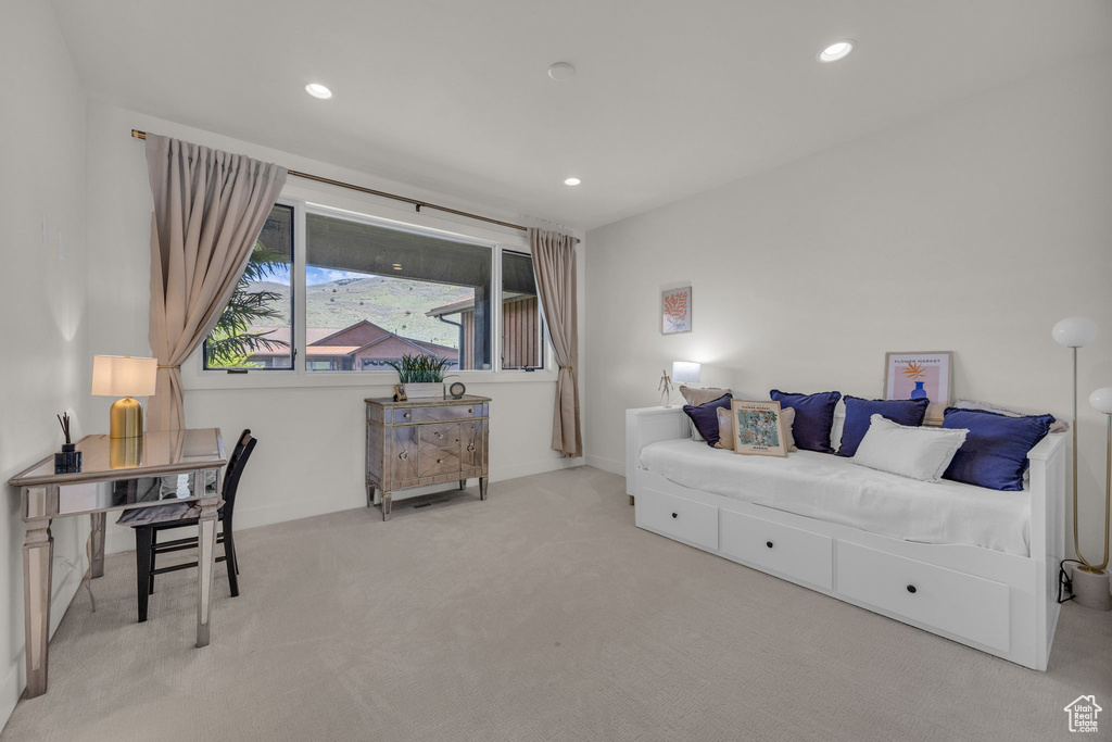 Bedroom featuring carpet, recessed lighting, and baseboards