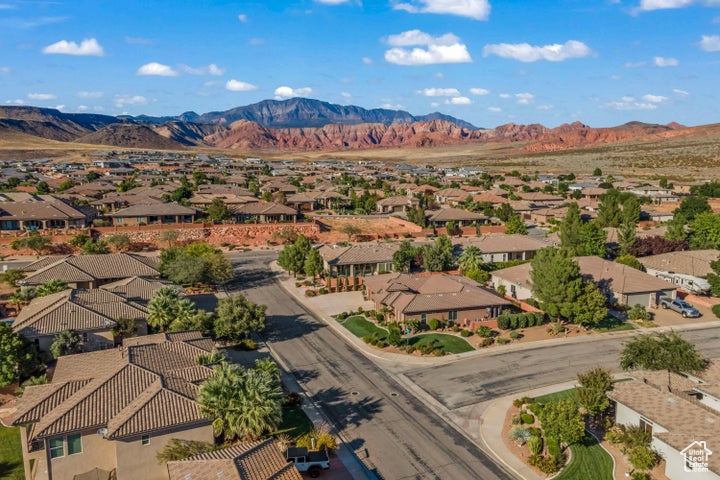 Aerial perspective of suburban area with mountains