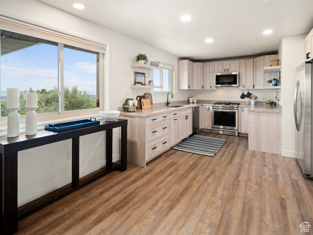 Kitchen featuring appliances with stainless steel finishes, open shelves, a sink, dark wood-style flooring, and recessed lighting