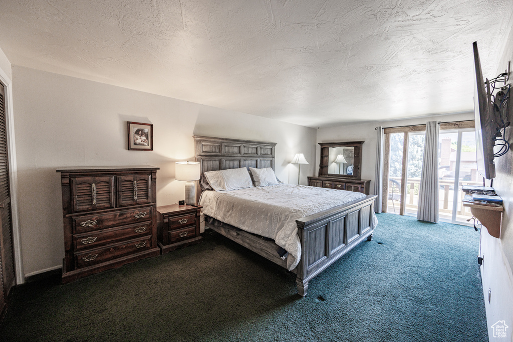 Bedroom with dark carpet, access to outside, and a textured ceiling