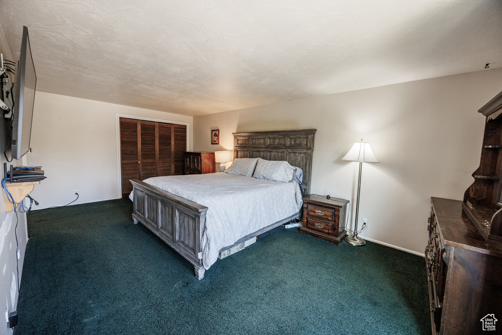 Bedroom featuring dark carpet and a closet