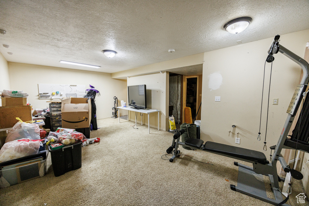 Exercise area featuring a textured ceiling and carpet floors
